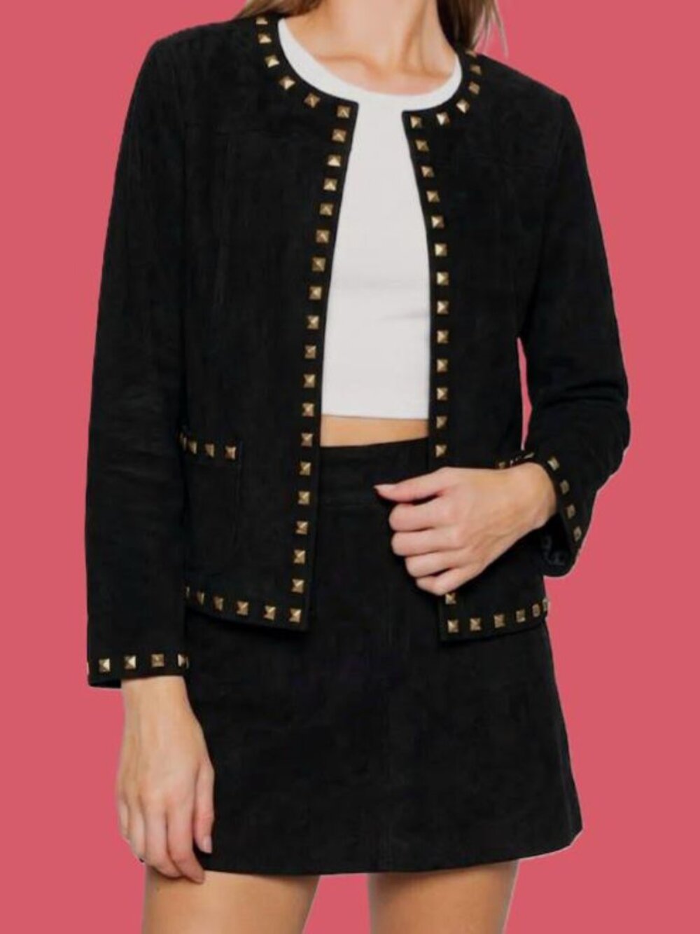 NWT Carmen Marc Valvo Faux Suede Open Front Jacket in Black w/ Gold Studs XS